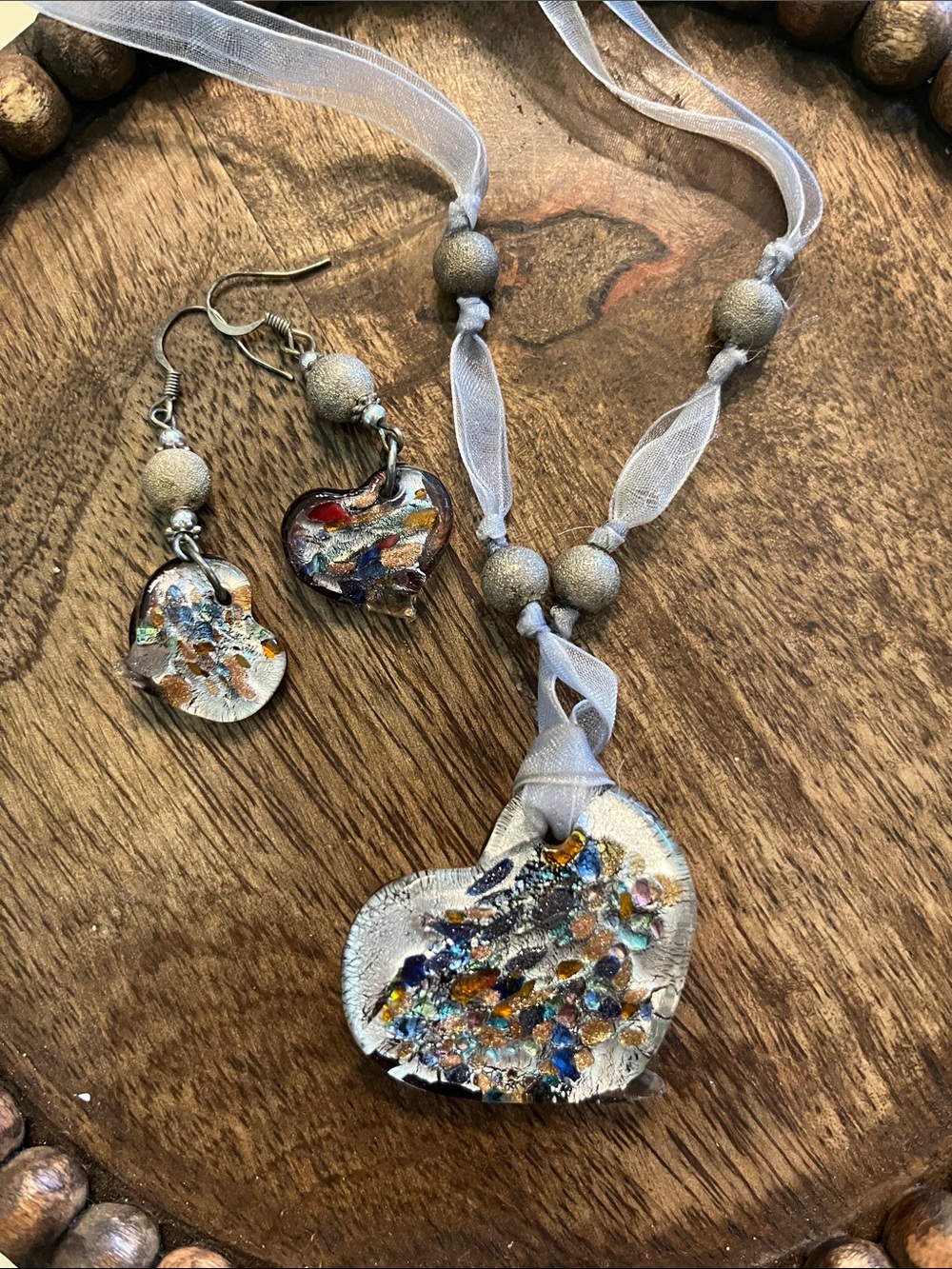 Painted Glass Heart Pendant Necklace with Matching Earrings - Silver Ribbon